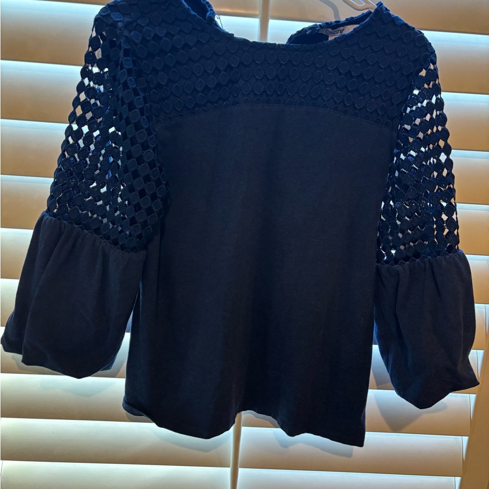 Chico's Navy Crochet Panel Balloon Sleeve Top(Size 1)